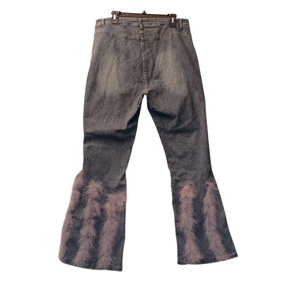 PlusWear Thrashed Women Glam Blue Jeans Flare Legs with Feathers Hippie  Size XL - Picture 2 of 12